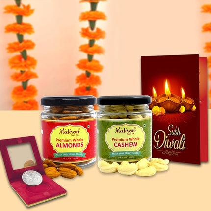 Diwali Gift Healthy Combo - Dry Fruits Diwali Hamper,  Dry Fruits (Almonds & Cashew), Deepawali Greeting Card & Coin