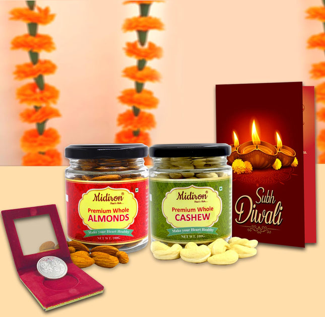 Diwali Gift Healthy Combo - Dry Fruits Diwali Hamper,  Dry Fruits (Almonds & Cashew), Deepawali Greeting Card & Coin