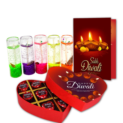 Diwali Gift Hamper - Diwali Candle Combo with Handmade Chocolate Box, Card & Gel Candles