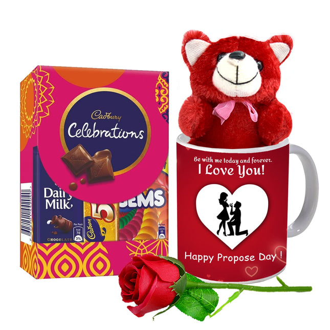 Midiron Valentine's Day Romantic Gift|Propose Day Gift for Couple|Love Gift for Wife/Girlfriend/Lover|Unique Propose Day Gift-Chocolates, Printed Mug(325ml), Red Rose & Teddy - Midiron
