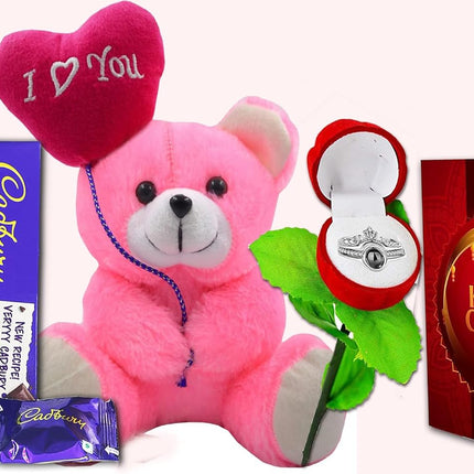 Pink teddy bear with 'I Love You' heart, Cadbury Chocolates, rose, and Karwa Chauth card