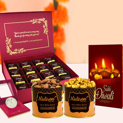 Chocolate Diwali Gift Hamper - Diwali Gift Combo with Silver Coin, Chocolate Box, Greeting Card & Dry Fruits