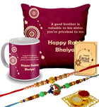 Designer Rakhi with Raksha Bandhan Card & Printed Cushion with Filler & Cover