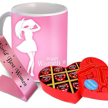 Happy Women's Day Gift - Luxury Chocolate Box, Printed Mug & World Best Women Sash for Sister, Wife, Mother, Friend