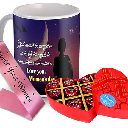 Happy Women's Day Gift - Luxury Chocolate Box, Printed Mug & World Best Women Sash for Sister, Wife, Mother, Friend