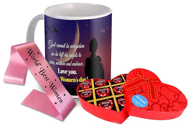 Happy Women's Day Gift - Luxury Chocolate Box, Printed Mug & World Best Women Sash for Sister, Wife, Mother, Friend