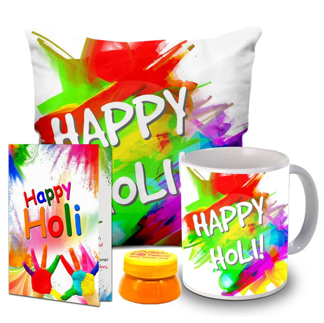 Holi Gift Hamper for Holi Festival - Holi Combo (Happy Holi Greeting Card, Coffee Mug, Gulal Tilak, Microfiber Filler with Cushion Cover
