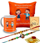Designer Rakhi with Raksha Bandhan Card & Printed Cushion with Filler and Coffee Mug