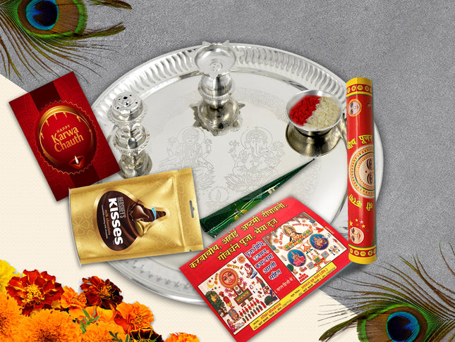 Karwa Chauth Silver Pooja Thali - Karwa Chauth Puja Thali Combo, Karwa Chauth Traditional Thali