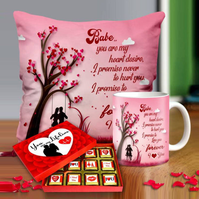 Valentine gift set featuring premium chocolates, a romantic printed mug, and a soft cushion – perfect for expressing love to your partner.