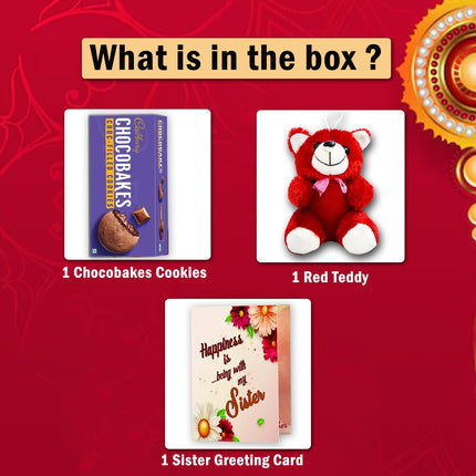 Chocobakes cookies, a red teddy bear, and a sister greeting card 