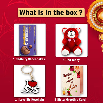  Cadbury Chocobakes, a red teddy bear, 'I Love Sis' keychain, and sister greeting card 
