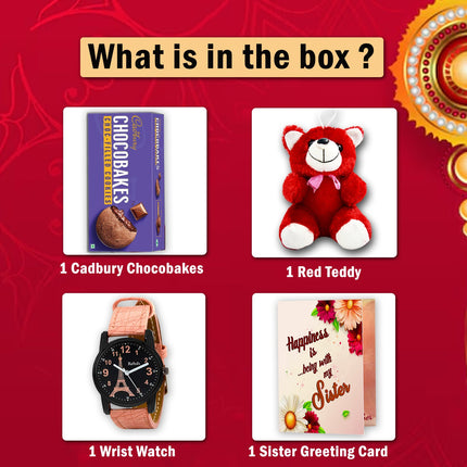 Cadbury Chocobakes, a red teddy bear, a wrist watch, and a sister greeting card 