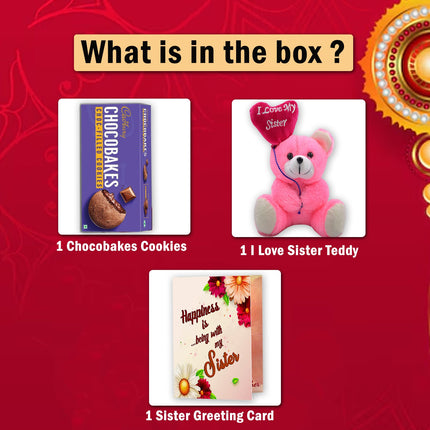  Chocobakes cookies, a pink teddy bear, and a greeting card 