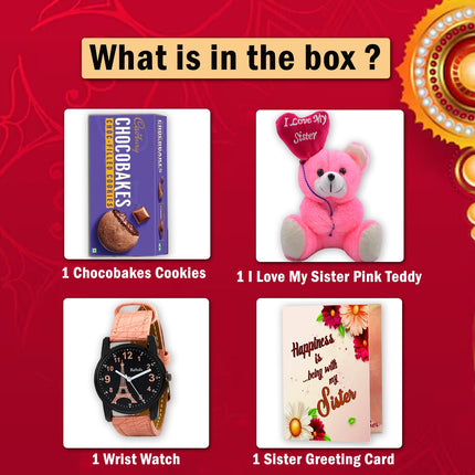  Chocobakes cookies, a pink teddy bear, a wrist watch, and a sister greeting card 