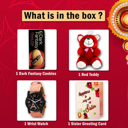 Promotional image with items inside a box on a red background
