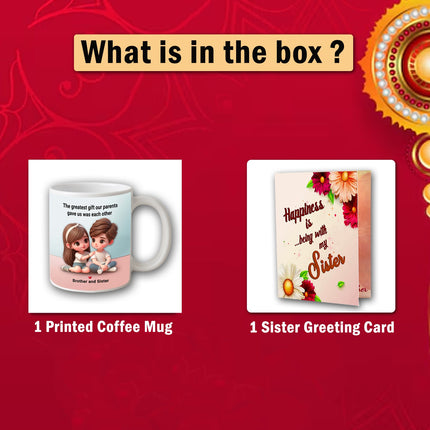   printed coffee mug and sister greeting card 