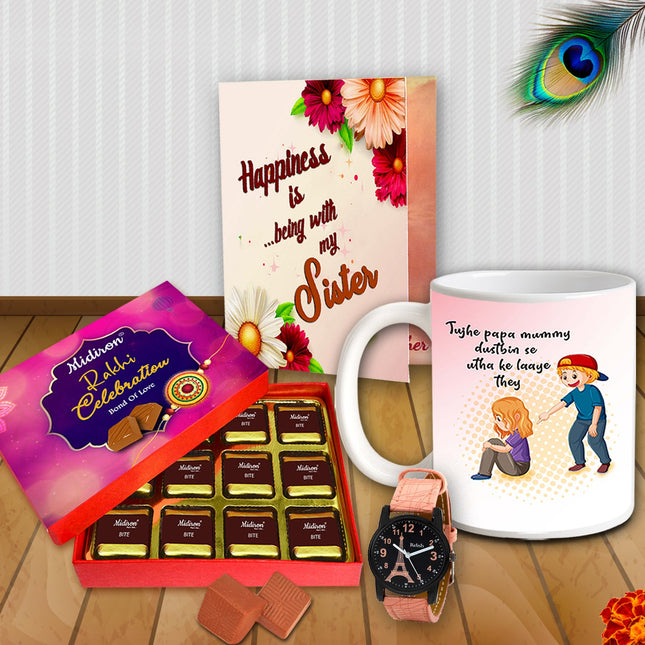Printed Coffee Mug, Elegant Analog Watch, Chocolate Box & Greeting Card — A Thoughtful Gift Set for Sister