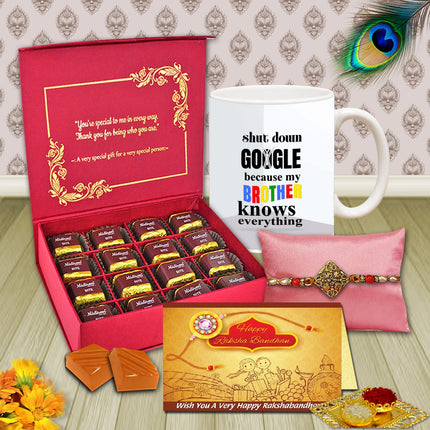 Rakshabandhan gift set with chocolates, mug, rakhi, and card 