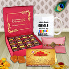 Rakshabandhan gift set with chocolates, mug, rakhi, and card 