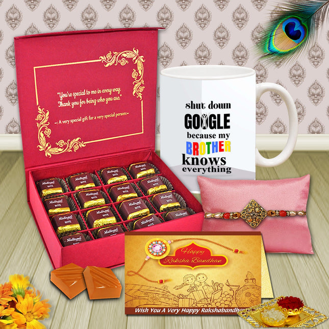 Rakshabandhan gift set with chocolates, mug, rakhi, and card 