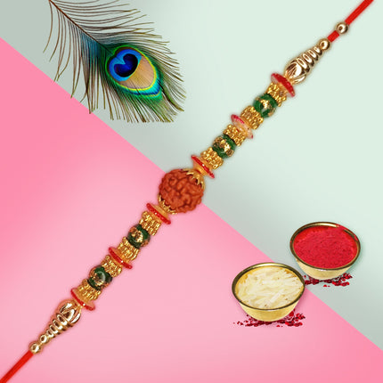 Festive Love Rakhi Hamper – Designer Rakhi in Wooden Box, Chocolates Pouch (90g), Greeting Card & Ritual Set