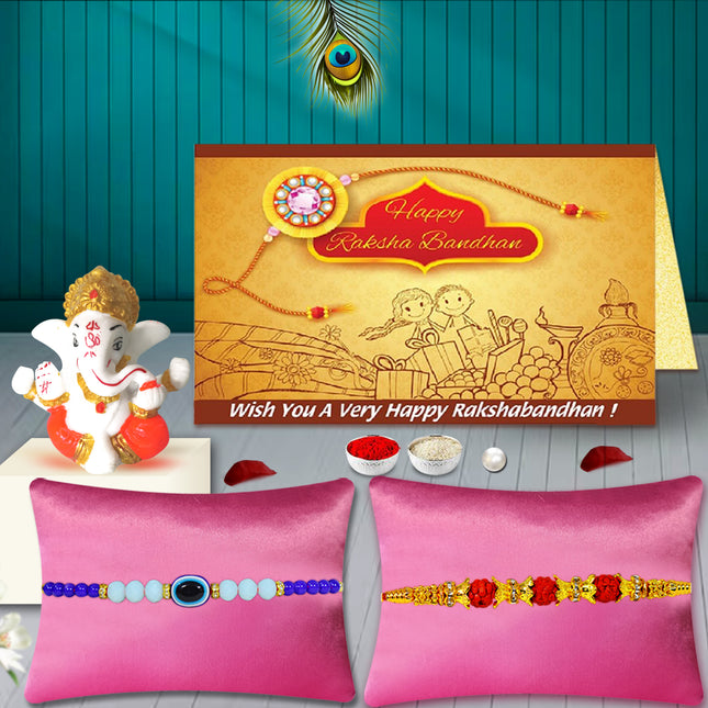 Rakhi for Bhai Combo – Pack of 2 Designer Rakhis with Ganesh Idol, Raksha Bandhan Traditional Gift