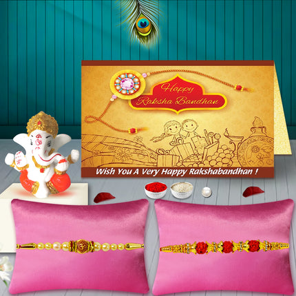 Rakhi Gift Pack with Ganesh – Combo of 2 Rakhis and Ganpati Statue, Traditional Hindu Festival Gift