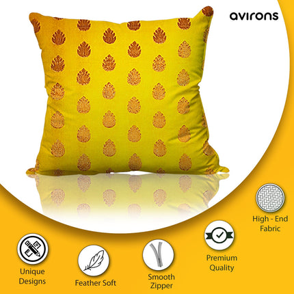 Zippered Elegance Decorative Banarasi Cushion Cover Yellow Color Pack of 2-16x16 inch