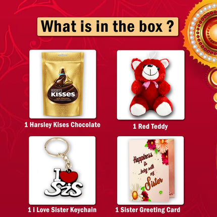 Kisses chocolate, 
red teddy bear,
 keychain, 
 greeting card 

