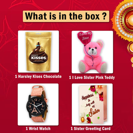  Hershey's Kisses chocolate, pink teddy bear, wrist watch, and greeting card 