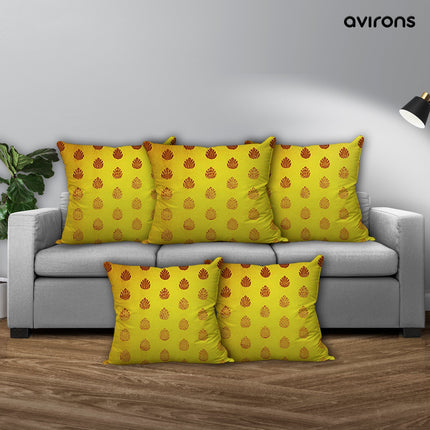 Seamless Style Banarasi Cushion Cover with Zipper Yellow Color Pack of 5-16x16 inch