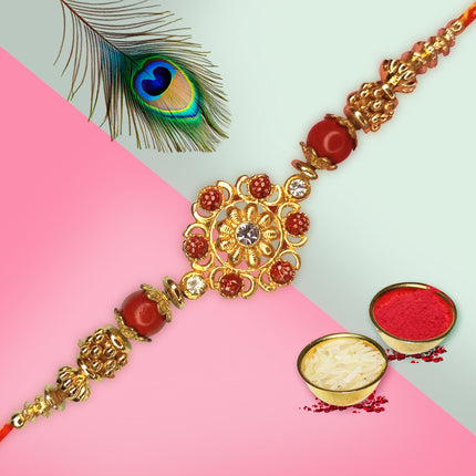 Rakhi thread with a mystic mandala centerpiece and radiant colors, symbolizing harmony and spiritual energy.