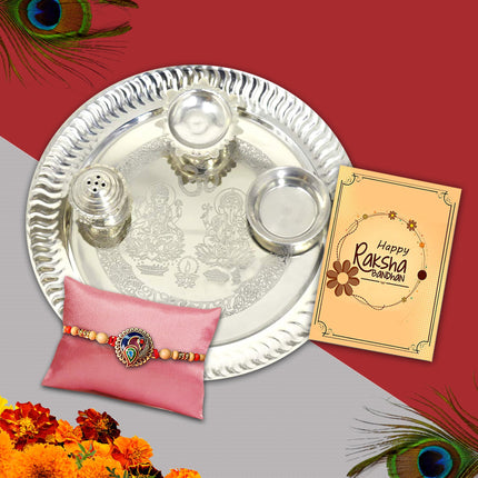 Rakhi gift set featuring a designer rakhi, chocolates pouch (90g), greeting card, analog wrist watch, Roli-Chawal, and a decorative display with brother-themed design — perfect for Raksha Bandhan gifting