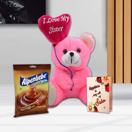 Pink teddy bear with a heart-shaped balloon and Alpenliebe Gold chocolate 