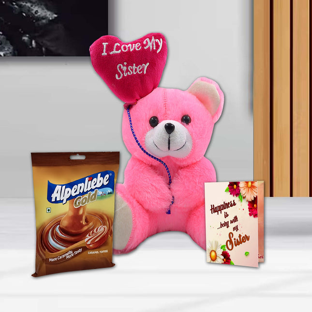 Pink teddy bear with a heart-shaped balloon and Alpenliebe Gold chocolate 
