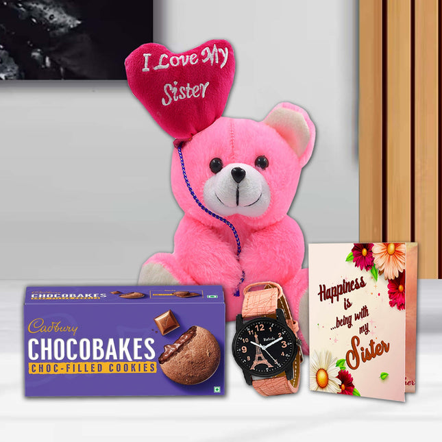 Pink teddy bear with 'I Love My Sister' heart, Cadbury Chocobakes cookies, watch, and card 