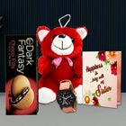 Red teddy bear, watch, Dark Fantasy chocolate box, and  Happiness is being with my sister card , gift hamper for sister
