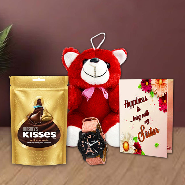 Red teddy bear, Kisses chocolate, watch, and a card 