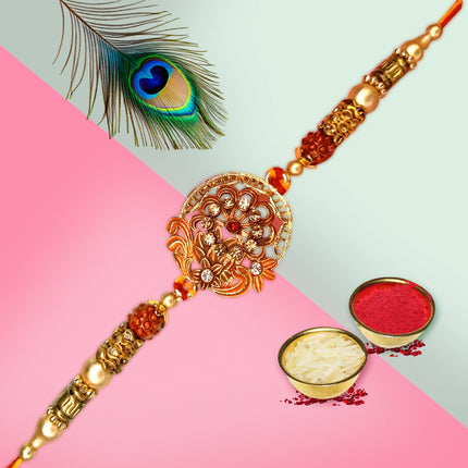 Shimmering Rakhi with embedded stones and metallic threads, adding sparkle to the Raksha Bandhan ritual.