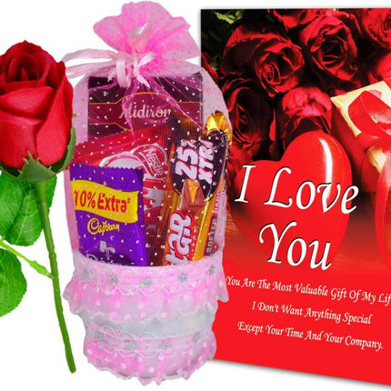 Beautiful Basket with Chocolate Bar, Love Card, Red Rose, Gift for Girlfriend, Wife, Fiancée, On Valentine Day, Anniversary, Birthday and Special Occasion Plastic Gift Box  (Multicolor)