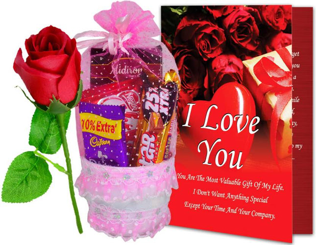 Beautiful Basket with Chocolate Bar, Love Card, Red Rose, Gift for Girlfriend, Wife, Fiancée, On Valentine Day, Anniversary, Birthday and Special Occasion Plastic Gift Box  (Multicolor)
