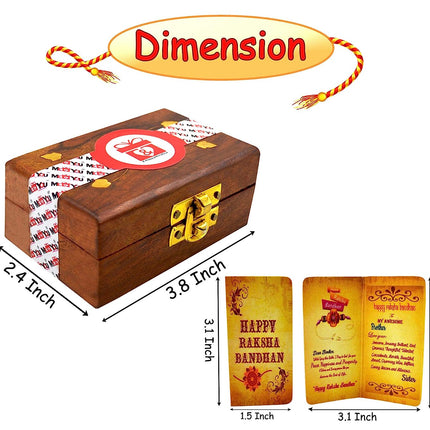 Cherished Rakhi Gifts for Brother – Wooden Box Rakhi, Choco Almonds, Message Card & Roli-Chawal