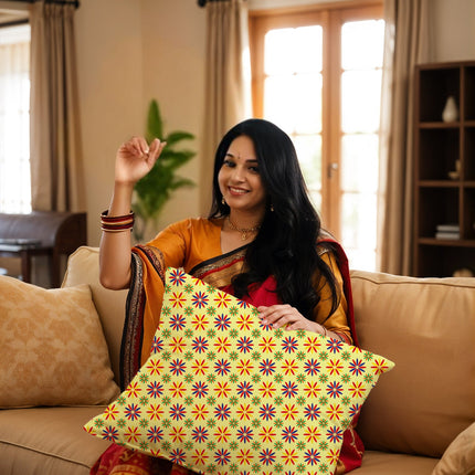 Yellow Silk Satin Cushion Cover with Small Floral Pattern – Decorative, Eye-Catching Design with Zipper Closure