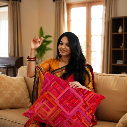Stylish Red Geometric Satin Cushion Cover with Zipper Closure – Decorative & Luxurious