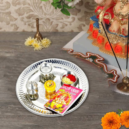 Pooja Thali for Diwali, Navratri, Dhanteras - Stainless Steel Thali - Traditional Puja Plate for Festivals