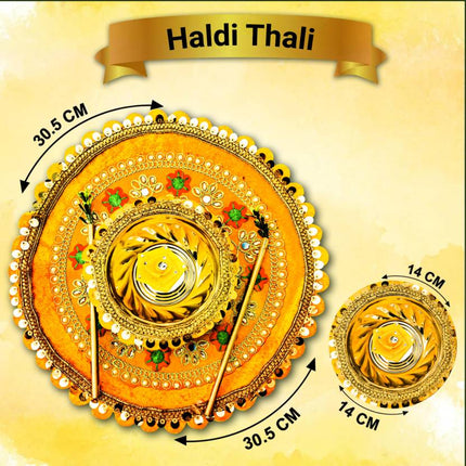 Decorative Platter with Bowls for Haldi Function – Blessed Haldi Function Thali in Steel (1 Piece, Yellow) – Wedding Ritual Haldi Thali