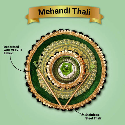 Handmade Decorative Mehndi Thali - Mehendi Platter with Floral Arrangement - Steel Thali (1 Piece, Green)