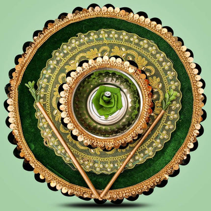 Handmade Decorative Mehndi Thali - Mehendi Platter with Floral Arrangement - Steel Thali (1 Piece, Green)