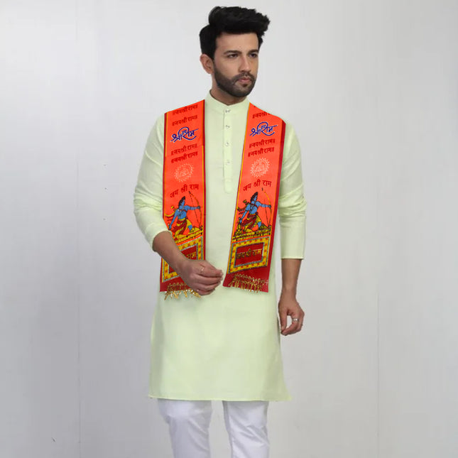 Graceful Ram Patka for Festive Worship- Religious Printed Satin Blend Scarf for Men & Women